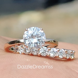 1.50 CT Round Moissanite Solitaire Wedding Ring Set\14K Rose Gold Moissanite Bridal Ring Set\Art Deco Moissanite Silver Engagement Ring Set