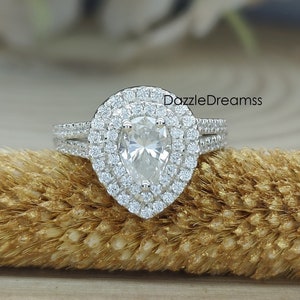 Center 0.77CT Pear Moissanite Double Halo Ring, 1.90TCW Solitaire Pear White Gold Engagement Ring, Teardrop Diamond Wedding Ring, 925 Rings