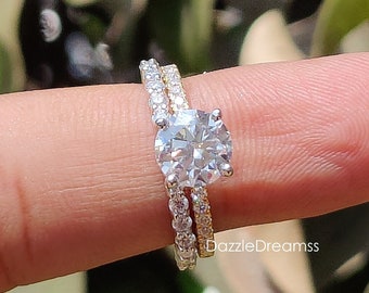 1.50CT Round Moissanite Engagement Ring Set, Hidden Halo Two Tone Gold Wedding Ring Set, Art Deco Diamond Solitaire Ring Set, Gift For Her