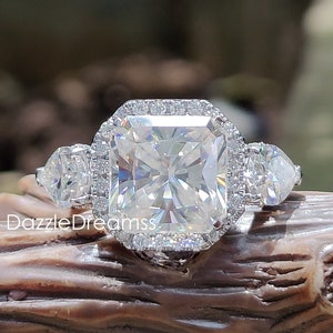 Gorgeous 9MM Square Radiant Moissanite Engagement Ring/6.26TCW Halo Diamond Wedding Ring/Unique Solid Gold Bridal Ring/3 Stone Silver Ring