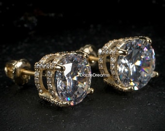 2.40 CT Round Moissanite Screw Back Earrings, Screw Back Wedding Earrings,  Moissanite Yellow Gold Stud Jewelry, Unique Basket Diamond Stud