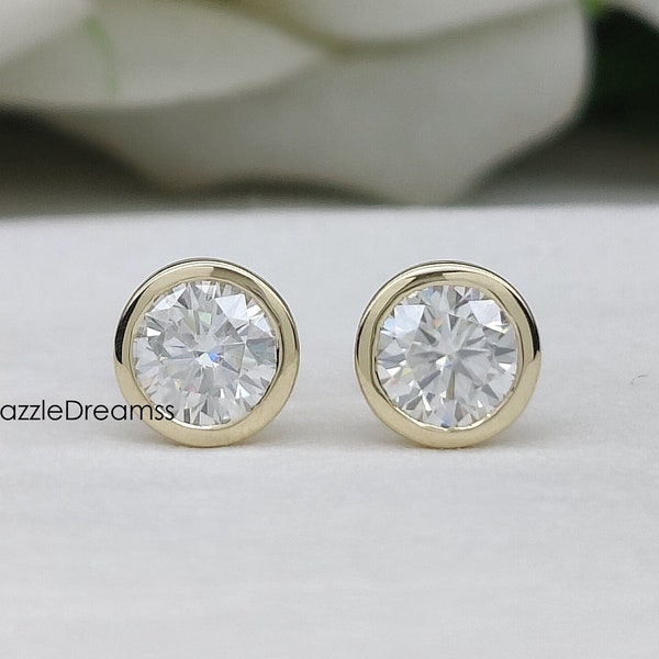 Beautiful Bezel Earrings, 6MM Round Moissanite Screw-back Earring, 1.50CT Lab Diamond 14K Gold Earring, Dainty Bridal Earrings, Gift For Her