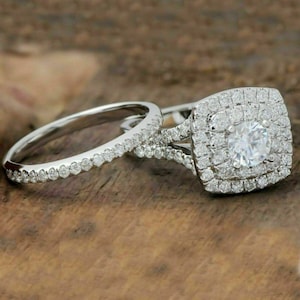 0.50 CT Round Moissanite Double Halo Wedding Ring Set, 1.42 TCW Stimulated Round Diamond Split Shank Halo Gold Ring, 2PSC Diamond Ring Set