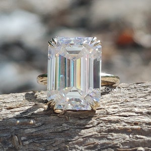 Huge 15x11MM Emerald Moissanite Engagement Ring/10.50CT Silver Diamond Solitaire Ring/Double Claw Prong Diamond Ring/14K Yellow Gold Ring