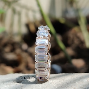 6.18CT Round With Emerald Cut Moissanite Unique Wedding Band, Full Eternity Diamond Solid 14K/18K Rose Gold Band, Perfect Engagement Ring