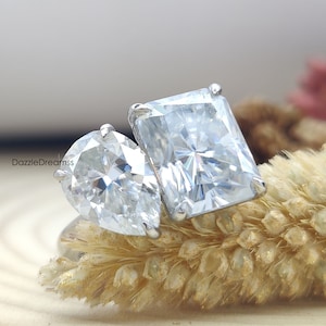 Toi Et Moi Woman Diamond Ring, 5.10 CT Two Stone Moissanite Engagement 925 Silver Ring, Pear & Radiant Cut Moissanite 14K White Gold Ring