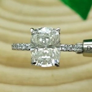 2.50CT Elongated Cushion Cut Moissanite Ring, 14K Solid White Gold Cushion Cut Wedding Ring, Solitaire Pave Set Cushion Ring, 925 Halo Ring