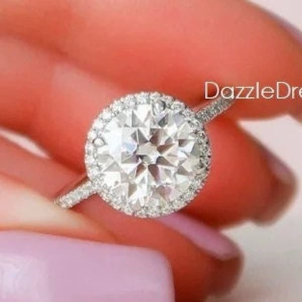 Precioso anillo de compromiso de halo de moissanita de corte redondo brillante de 3 quilates, anillo de bodas de diamante de oro blanco sólido de 14 quilates, anillo de halo de diamante de laboratorio solitario
