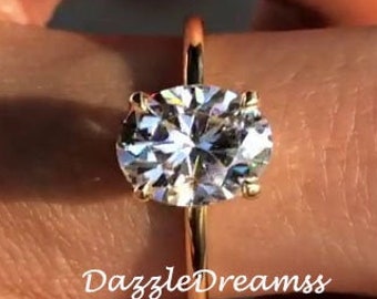 2.30 CT Oval Moissanite Yellow Gold Ring, Oval Cut Manmade Diamond Silver Ring, Hidden Halo Oval Silver Ring, Oval Claw Prong Solitaire Ring
