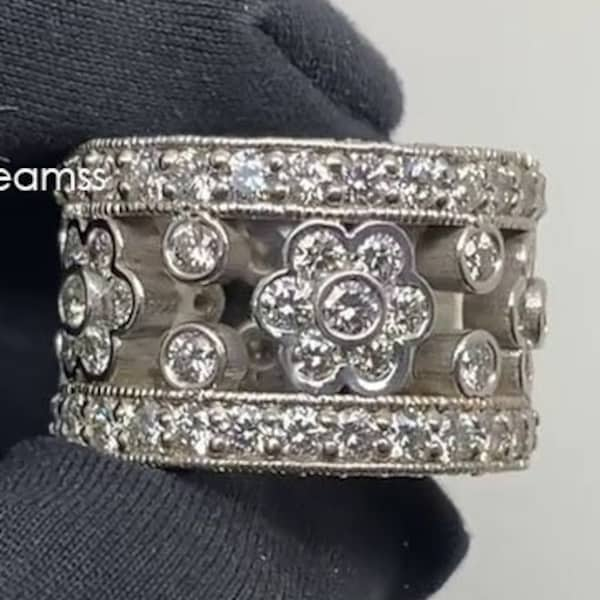 Huge Multi Diamond Cluster Band/Timeless Double Row 3.05CT Moissanite Eternity Band/Flower Vintage Moissanite 14K|18K Solid White Gold Band