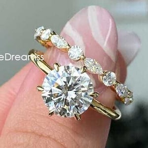 2.15CT Round Moissanite Wedding Ring Set, 14K Solid Yellow Gold Diamond Ring Set, Marquise With Round Cut Band, 6 Prong Moissanite Ring Set