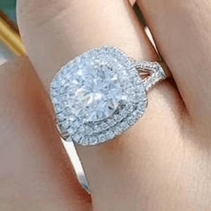 Split Band 14K White Gold Anniversary Promise Ring, 2ct Round Cut Moissanite Double Halo Engagement Ring, Round Halo Ring, White Gold Ring