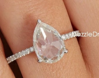 Anillo de Moissanita de Pera 10x7MM, Anillo de Diamantes de Talla Rosa 2.30CT, Anillo de Oro Blanco Moissanita de 14K de Corte Rosa, Anillo de Plata Solitario de Halo Oculto 925