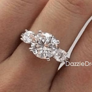 Genuine Trilogy Moissanite Ring, Three Stone Moissanite 925 Silver Engagement Ring, 2.50 CT Center Stone Diamond In 14k White Gold  Ring