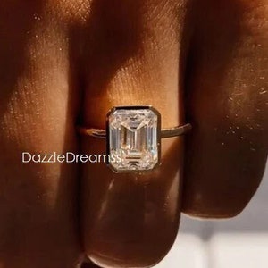 5.25CT Emerald Cut Moissanite Bezel Engagement Ring, 11x9MM Emerald Diamond Solitaire Bezel Gold Ring, Silver Huge Moissanite Wedding Ring