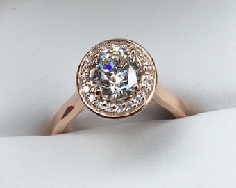 1.5 Ct Round Moissanite Bezel Set Engagement Ring, Halo Solitaire Bezel Ring, 14k White Gold Round Cut Moissanite Ring, CZ Diamond halo Ring