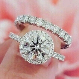 2.20CT Round Moissanite Halo Engagement Ring Set, Moissanite 925 Silver Bridal Set, 14K Gold Wedding Band Ring Set, 3/4 Pave Bridal Ring Set