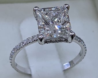 3Ct Princess Cut Moissanite Diamond Ring, Solitaire With Side Stones Ring, 925 Silver Ring, Simulated Diamond Ring, Diamond Promise Ring