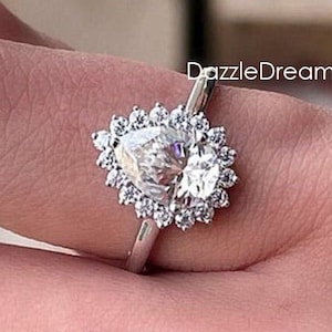2.10 CT Pear Moissanite Ring, Brilliant Diamond Ring, Halo Pear Diamond White Gold Ring, Cluster Pear Cut Ring, Bridal Diamond Silver Ring