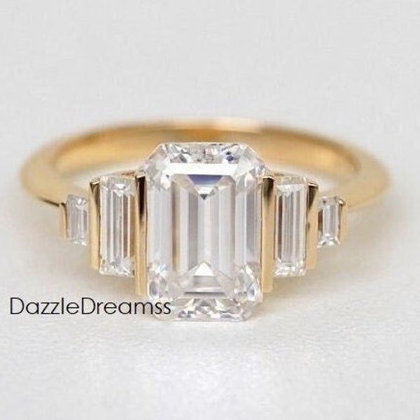 12x8MM langwerpige Emerald Cut Moissanite Ring/6.50CT unieke 5 stenen diamanten ring/halve bezel instelling antieke ring/zilveren diamanten trouwring