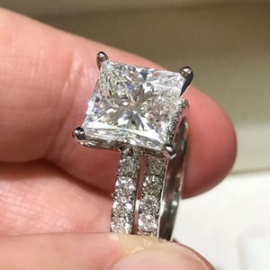 Solitaire Moissanite Wedding Set, 2.30CT Princess Cut Moissanite Ring, Bridal Ring Set, Pave Accent 14k White Gold Engagement Ring Set