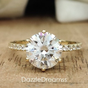 2.5 CT Round White Moissanite Solid Yellow Gold Solitaire Ring, Unique Design 6 Prong Diamond Engagement Ring, Pave With Accent Diamond Ring