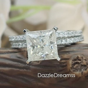 3 CT Princess Cut Moissanite Gold Ring Set, Solitaire Moissanite Wedding Ring Set, Diamond Engagement Ring Set, Simulated Diamond Ring Set