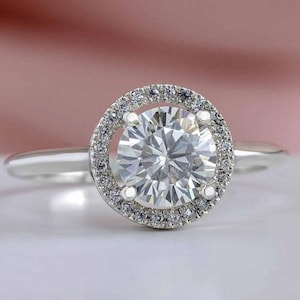 Round Diamond Ring, 2.00 Ct Round White Moissanite Wedding Ring, Halo Moissanite Ring, Solitaire Ring, 14K Solid White Gold Diamond Ring