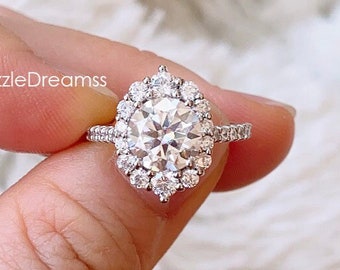 2CT Round Moissanite Unique Cluster Engagement Ring, Moissanite Cluster Silver Ring, Cluster Ring In 14k Solid Gold, Multistone Diamond Ring