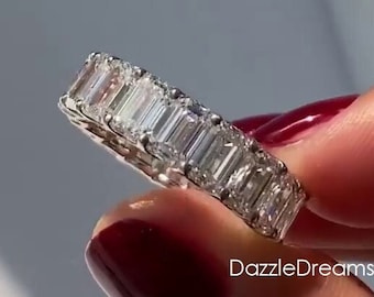 8.40CT Emerald Cut Moissanite Wedding Band, Full Diamond Eternity Band, 14K/18K W/Y/R Solid Gold Band, Luxurious Style Diamond Silver Band