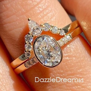 1.20CT Oval Cut Diamond Bezel Ring Set/6x8MM Oval Ring With Curve Matching Band In 14K Solid Yellow Gold/Stackable Rings/Dainty Ring Set