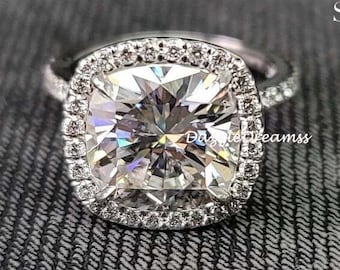 3CT Cushion Cut Moissanite Silver Ring, 4 Claw Prong Cushion Halo Diamond Ring, Simulant CZ Cushion Diamond Ring, Cushion Pave Set Gold Ring