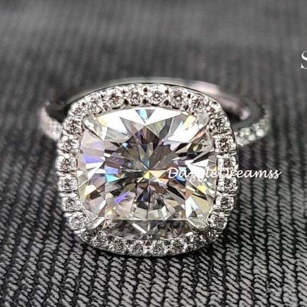 3CT Cushion Cut Moissanite Silver Ring, 4 Claw Prong Cushion Halo Diamond Ring, Simulant CZ Cushion Diamond Ring, Cushion Pave Set Gold Ring