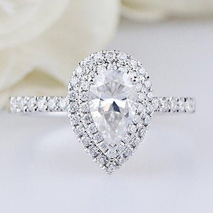1.20 CT Pear Cut Moissanite Double Halo Engagement Ring, Pear Cut Moissanite 925 Silver Ring, Perfect Art Deco Bridal Ring In 14K White Gold