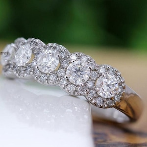 3MM Five Round Moissanite Halo Ring, 1.40 CT 5 Stone Diamond 14K White Gold Engagement Ring, Solitaire 5 Stone CZ 925 Silver Wedding Ring,