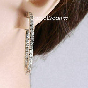 1.90 Ct Moissanite Inside Out Hoop Earrings, 2MM Round Moissanite Silver Large Hoop, 14k Solid White Gold Medium Diamond Huggies Earrings