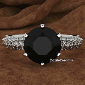 2.50 CT Round Black Moissanite Unique Engagement Ring, Round Cut Black Onyx Ring, Sterling Silver Black Moissanite Ring, Black Diamond Ring