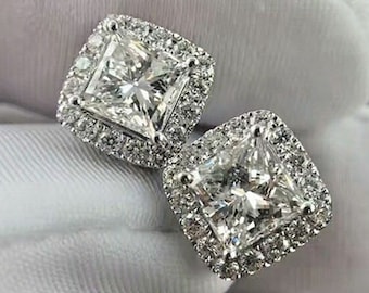 Art Deco Halo Stud Earrings, 1.60CT Princess Cut Moissanite Stud Earrings, 14k White Gold Stud, Bridal Wedding Gift, Silver Pushback Earring