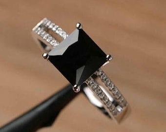 Black Diamond Ring 2.5Ct Princess Cut Black Diamond Solitaire Ring Promise Ring Black Split Shank 925 Silver Ring Black CZ Engagement Ring