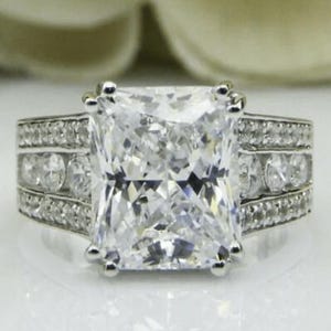 Big Radiant Diamond Ring, 5.00 Ct Radiant Cut Moissanite Engagement Ring, Double Claw Prong Setting Ring, Radiant Cut CZ 925 Silver Ring