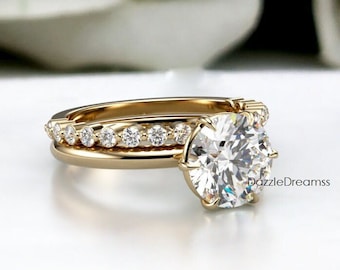 14K Solid Gold Wedding Set, 2.50CT Round Cut Lab-Grown Diamond Bridal Set, Art Deco Bridal Set, Moissanite Solitaire Ring, Stackable Set