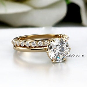 14K Solid Gold Wedding Set, 2.50CT Round Cut Lab-Grown Diamond Bridal Set, Art Deco Bridal Set, Moissanite Solitaire Ring, Stackable Set