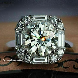 1.5 CT Round Moissanite Halo Engagement Ring 925 Silver Diamond Ring, Baguette Diamond Ring 14K White Gold Wedding Ring Unique Jewelry Ring