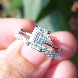 2.50 Ct Emerald Cut Moissanite Solitaire Wedding Ring Set In Solid White 14k Gold, Brilliant Man Made Simulant Emerald Cut Silver Ring Set