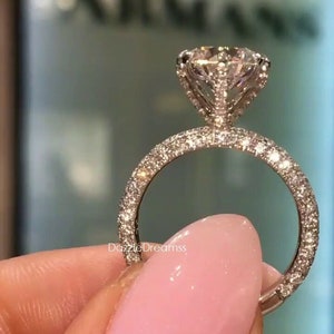 2CT Round Cut Colorless Moissanite Engagement Ring, Gorgeous 6 Prong Diamond Ring, 3 Pave Set Setting Ring, 14k/18k Solid Gold Wedding Ring