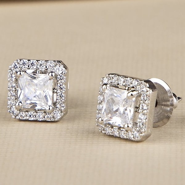 1+1 Ct Princess Cut Moissanite Stud Oorbellen, Square Halo Stud Oorbellen, Pushback Stud, Everyday Wear Sterling Silver Stud, Bridesmaid Gift