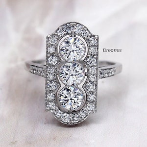 1.50 CT Round Moissanite Art Deco Silver Ring, 3 Stone Moissanite Art Deco White Gold Engagement Ring, Moissanite Vintage 925 Silver Ring