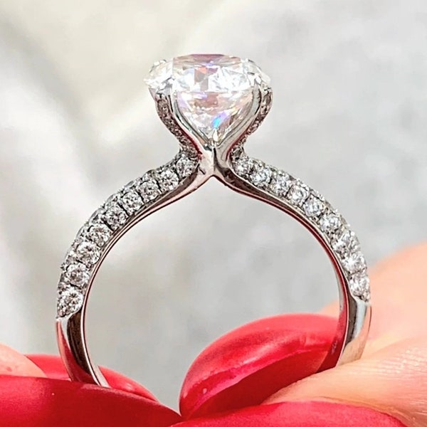 Luxury 2.00 Ct Moissanite Engagement Ring, Round Cut Diamond Wedding Ring, Pave Accent Ring, Sterling Silver High Quality CZ Wedding Ring