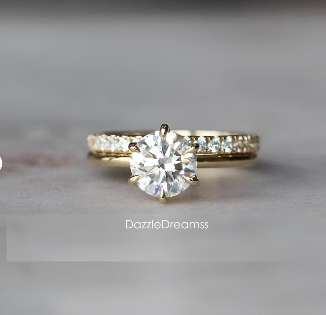 Round Moissanite 14K Yellow Gold Wedding Ring Set, 2CT Round Lab ...