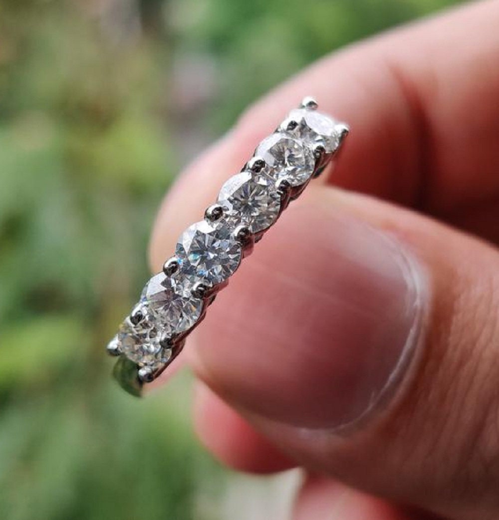 6 Stone Wedding Ring 3MM Moissanite Silver Band 10K 14K White Gold Diamond Band Daily Wear Silver Engagement Band Simulated Diamond Band Etsy